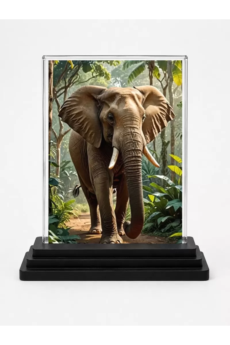 Elephant Acrylic Car Dashboard Showpiece | Double-Sided Elephant Photo Stand | 3 X 4 Inch Photo | Transparent Acrylic Frame With Black Base | Car Dashboard, Office & Table Decor (F71493)