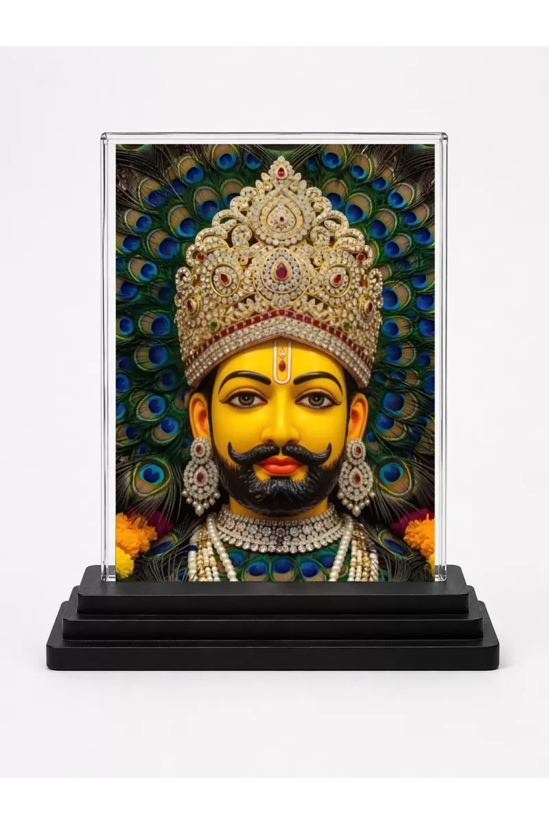 Lord Shree Krishna Acrylic Car Dashboard Showpiece | Double-Sided Lord Shree Krishna Photo Stand | 3 X 4 Inch Photo | Transparent Acrylic Frame With Black Base | Car Dashboard, Office & Table Decor (F71496)