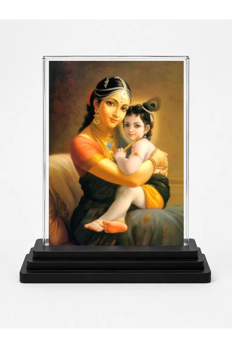Yashoda And Shree Krishna Acrylic Car Dashboard Showpiece | Double-Sided Yashoda And Shree Krishna Photo Stand | 3 X 4 Inch Photo | Transparent Acrylic Frame With Black Base | Car Dashboard, Office & Table Decor (F71497)