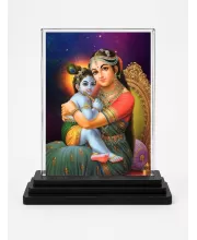 Yashoda And Shree Krishna Acrylic Car Dashboard Showpiece | Double-Sided Yashoda And Shree Krishna Photo Stand | 3 X 4 Inch Photo | Transparent Acrylic Frame With Black Base | Car Dashboard, Office & Table Decor (F71498)