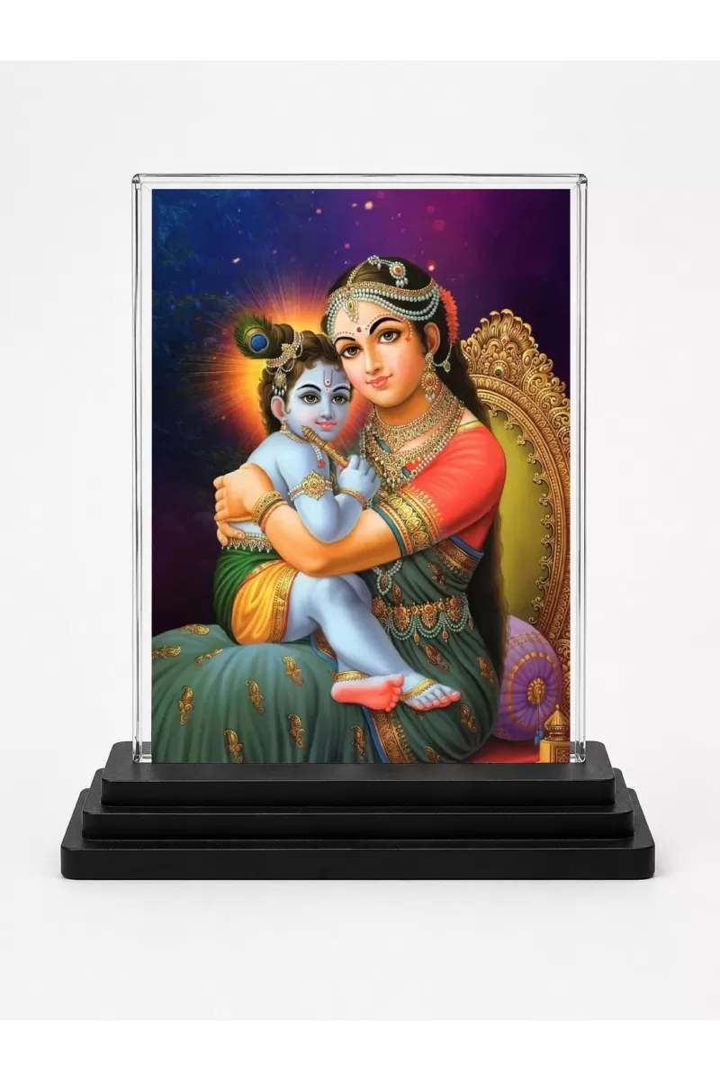 Yashoda And Shree Krishna Acrylic Car Dashboard Showpiece | Double-Sided Yashoda And Shree Krishna Photo Stand | 3 X 4 Inch Photo | Transparent Acrylic Frame With Black Base | Car Dashboard, Office & Table Decor (F71498)