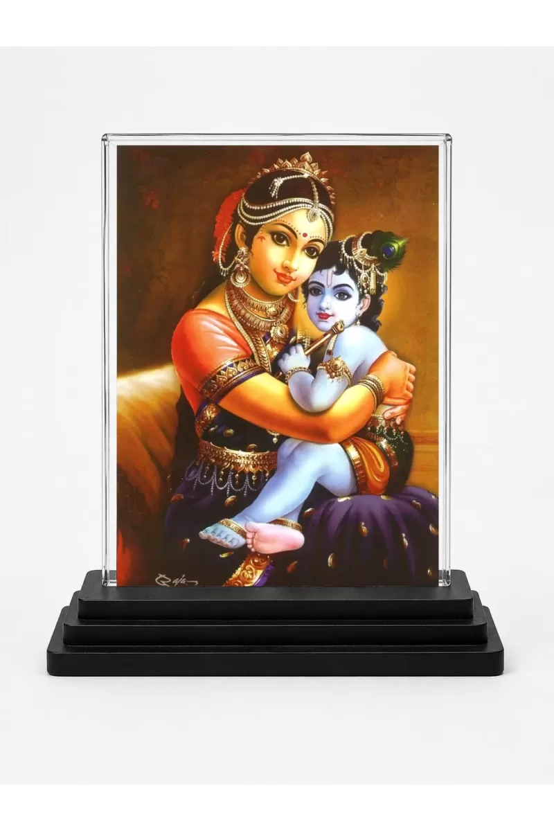 Yashoda And Shree Krishna Acrylic Car Dashboard Showpiece | Double-Sided Yashoda And Shree Krishna Photo Stand | 3 X 4 Inch Photo | Transparent Acrylic Frame With Black Base | Car Dashboard, Office & Table Decor (F71500)