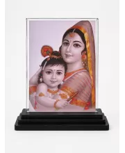 Yashoda And Shree Krishna Acrylic Car Dashboard Showpiece | Double-Sided Yashoda And Shree Krishna Photo Stand | 3 X 4 Inch Photo | Transparent Acrylic Frame With Black Base | Car Dashboard, Office & Table Decor (F71502)