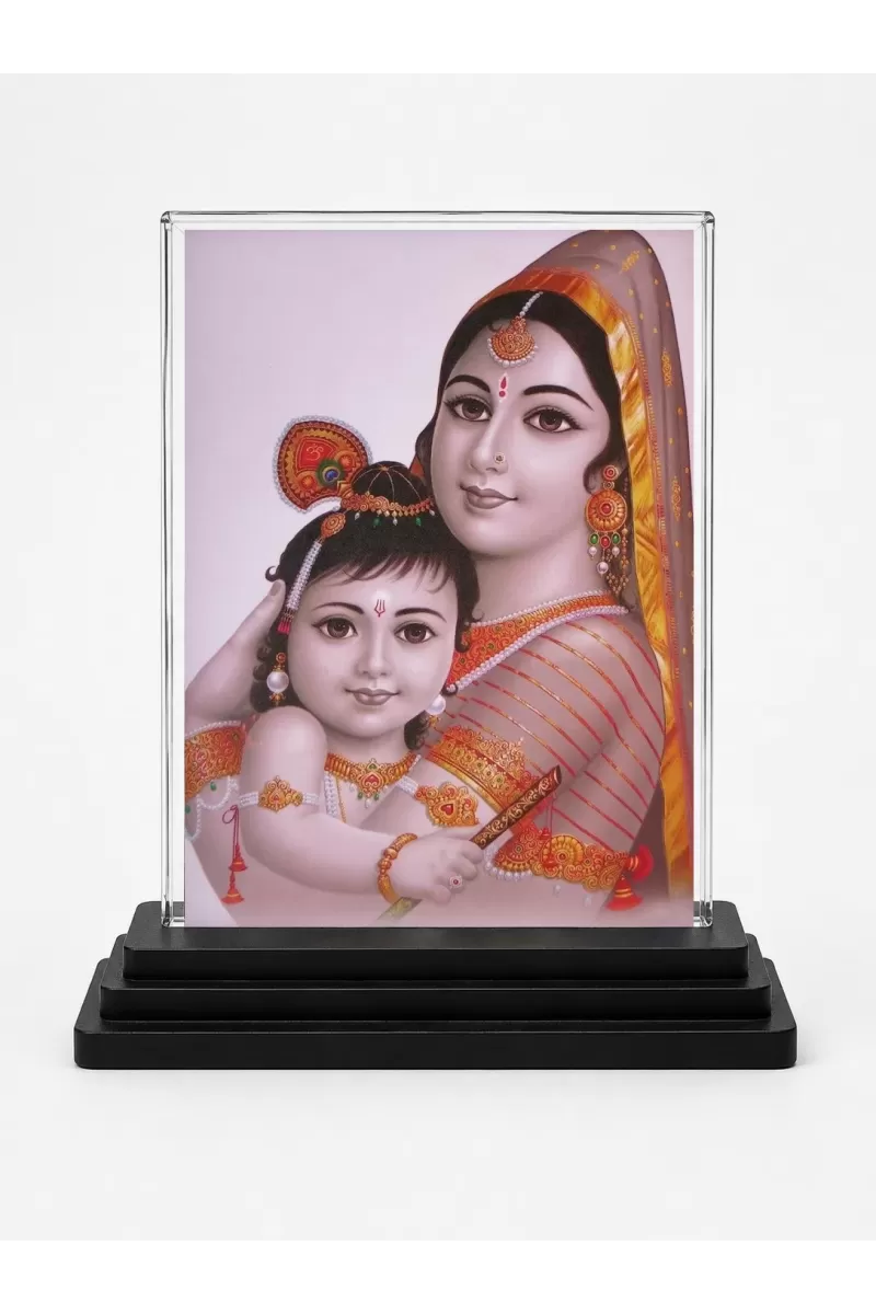 Yashoda And Shree Krishna Acrylic Car Dashboard Showpiece | Double-Sided Yashoda And Shree Krishna Photo Stand | 3 X 4 Inch Photo | Transparent Acrylic Frame With Black Base | Car Dashboard, Office & Table Decor (F71502)