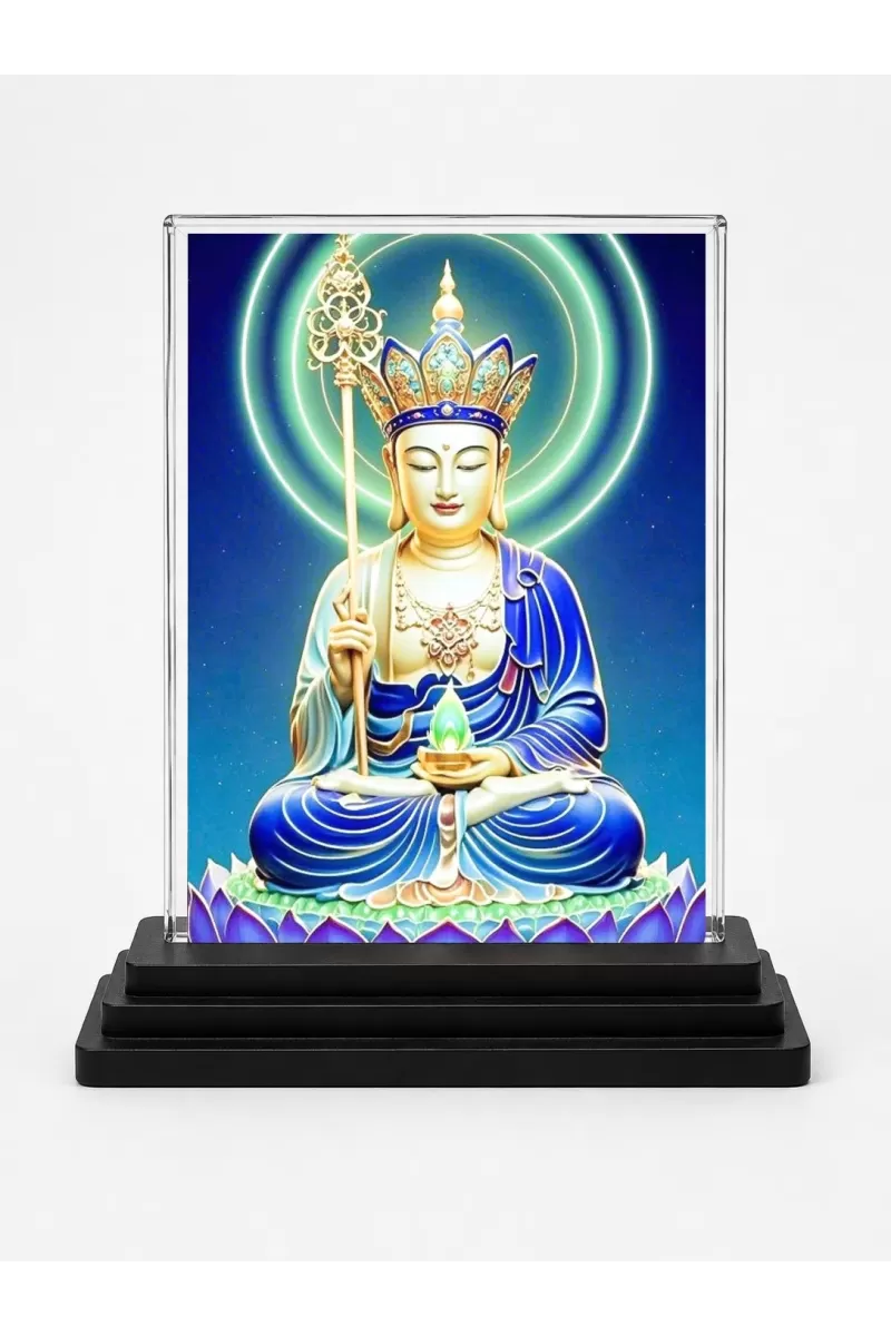Avalokiteshvara Acrylic Car Dashboard Showpiece | Double-Sided Avalokiteshvara Photo Stand | 3 X 4 Inch Photo | Transparent Acrylic Frame With Black Base | Car Dashboard, Office & Table Decor (F71504)