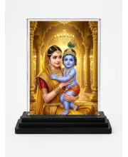 Maa Yoshoda & Baby Krishna Acrylic Car Dashboard Showpiece | Double-Sided Maa Yoshoda & Baby Krishna Photo Stand | 3 X 4 Inch Photo | Transparent Acrylic Frame With Black Base | Car Dashboard, Office & Table Decor (F71508)