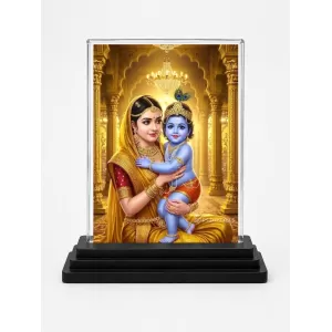 Maa Yoshoda & Baby Krishna Acrylic Car Dashboard Showpiece | Double-Sided Maa Yoshoda & Baby Krishna Photo Stand | 3 X 4 Inch Photo | Transparent Acrylic Frame With Black Base | Car Dashboard, Office & Table Decor (F71508)