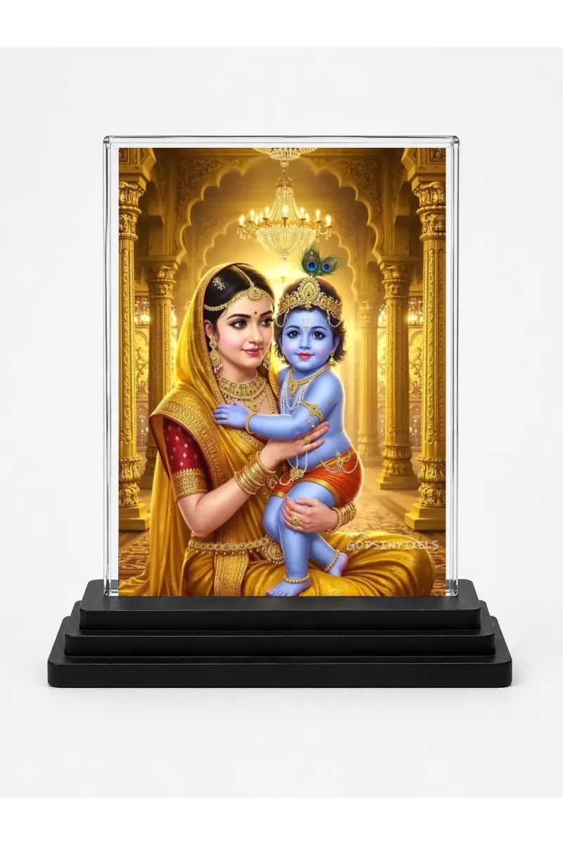 Maa Yoshoda & Baby Krishna Acrylic Car Dashboard Showpiece | Double-Sided Maa Yoshoda & Baby Krishna Photo Stand | 3 X 4 Inch Photo | Transparent Acrylic Frame With Black Base | Car Dashboard, Office & Table Decor (F71508)
