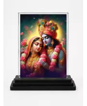 Krishna And Radha Acrylic Car Dashboard Showpiece | Double-Sided Krishna And Radha Photo Stand | 3 X 4 Inch Photo | Transparent Acrylic Frame With Black Base | Car Dashboard, Office & Table Decor (F71509)
