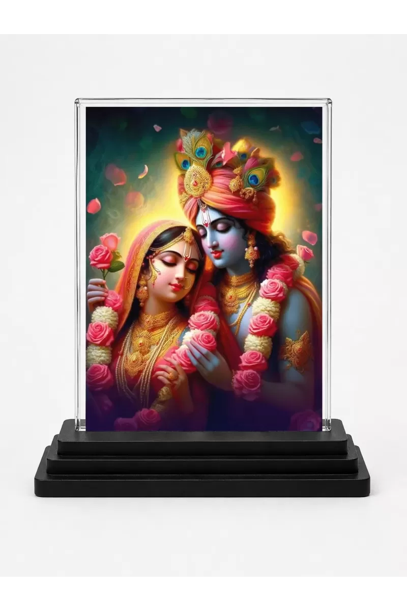 Krishna And Radha Acrylic Car Dashboard Showpiece | Double-Sided Krishna And Radha Photo Stand | 3 X 4 Inch Photo | Transparent Acrylic Frame With Black Base | Car Dashboard, Office & Table Decor (F71509)