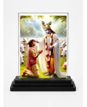Shree Krishna Acrylic Car Dashboard Showpiece | Double-Sided Shree Krishna Photo Stand | 3 X 4 Inch Photo | Transparent Acrylic Frame With Black Base | Car Dashboard, Office & Table Decor (F71510)