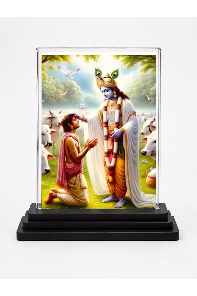 Shree Krishna Acrylic Car Dashboard Showpiece | Double-Sided Shree Krishna Photo Stand | 3 X 4 Inch Photo | Transparent Acrylic Frame With Black Base | Car Dashboard, Office & Table Decor (F71510)