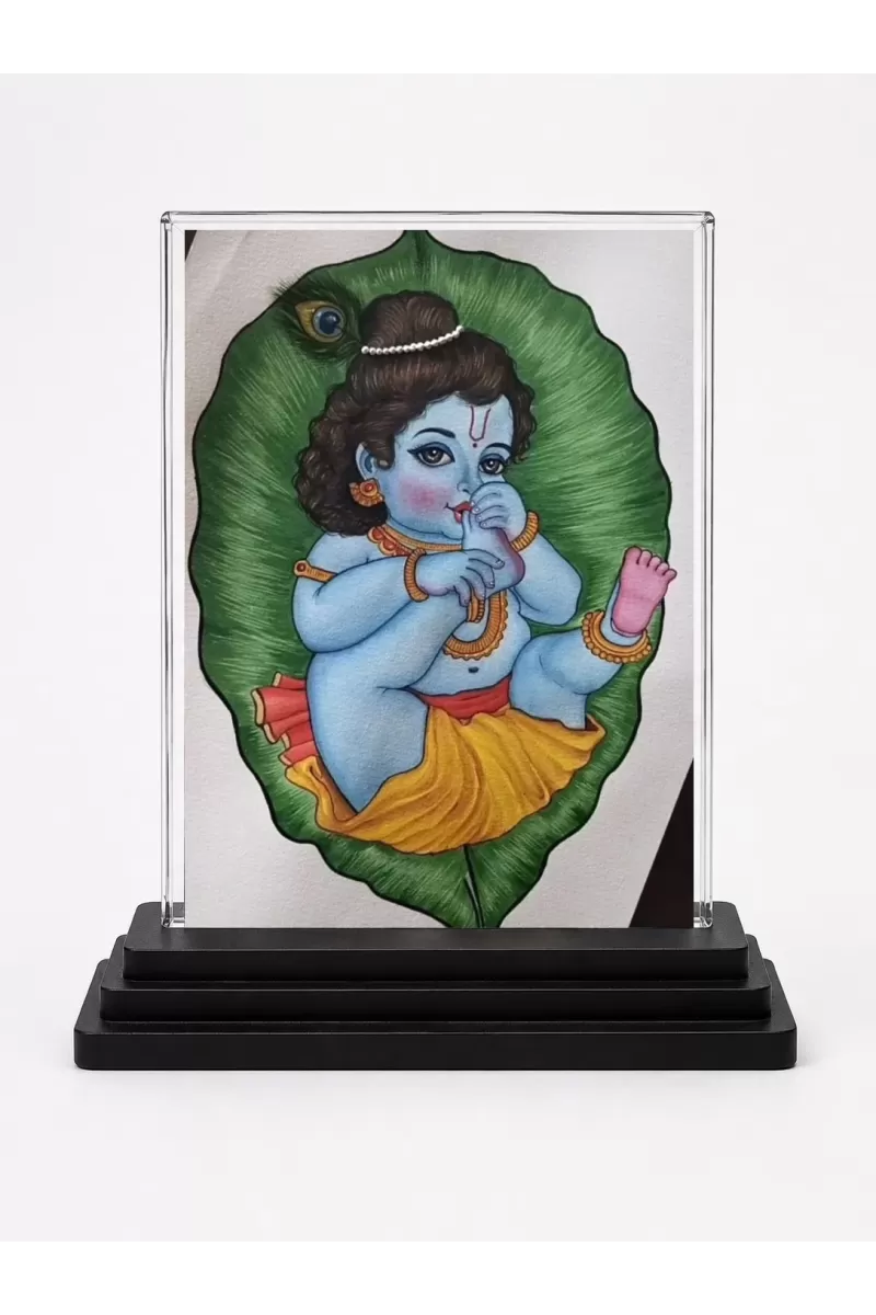 Lord Shree Krishna Acrylic Car Dashboard Showpiece | Double-Sided Lord Shree Krishna Photo Stand | 3 X 4 Inch Photo | Transparent Acrylic Frame With Black Base | Car Dashboard, Office & Table Decor (F71511)