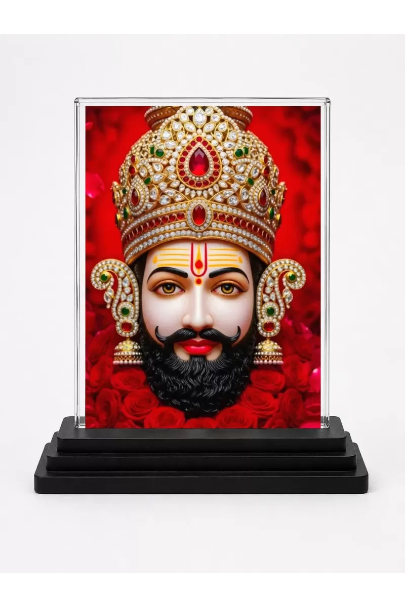 Khatu Shyam Acrylic Car Dashboard Showpiece | Double-Sided Khatu Shyam Photo Stand | 3 X 4 Inch Photo | Transparent Acrylic Frame With Black Base | Car Dashboard, Office & Table Decor (F71514)