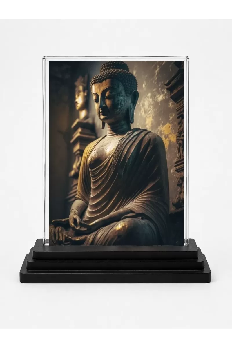 Buddha Acrylic Car Dashboard Showpiece | Double-Sided Buddha Photo Stand | 3 X 4 Inch Photo | Transparent Acrylic Frame With Black Base | Car Dashboard, Office & Table Decor (F71517)