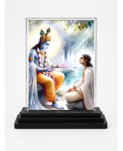 Shree Krishna Acrylic Car Dashboard Showpiece | Double-Sided Shree Krishna Photo Stand | 3 X 4 Inch Photo | Transparent Acrylic Frame With Black Base | Car Dashboard, Office & Table Decor (F71518)