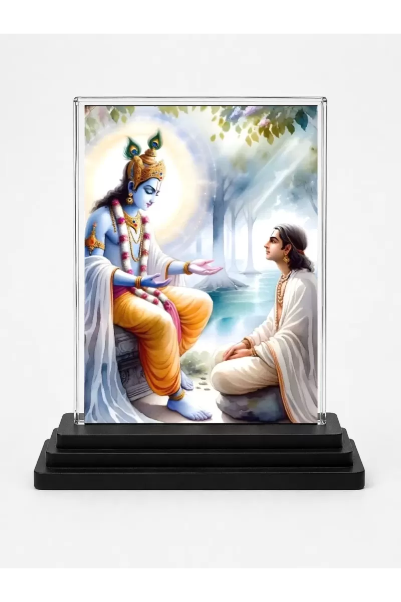Shree Krishna Acrylic Car Dashboard Showpiece | Double-Sided Shree Krishna Photo Stand | 3 X 4 Inch Photo | Transparent Acrylic Frame With Black Base | Car Dashboard, Office & Table Decor (F71518)