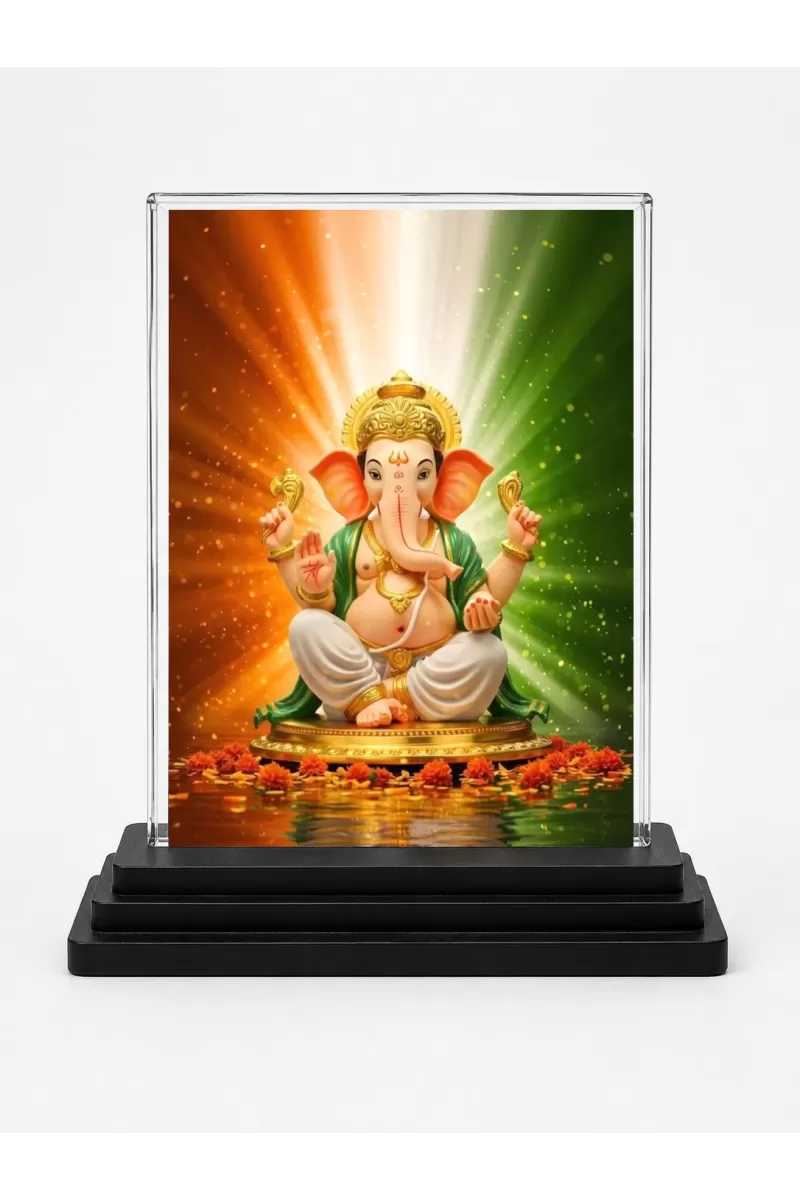 Lord Ganesha Acrylic Car Dashboard Showpiece | Double-Sided Lord Ganesha Photo Stand | 3 X 4 Inch Photo | Transparent Acrylic Frame With Black Base | Car Dashboard, Office & Table Decor (F71519)