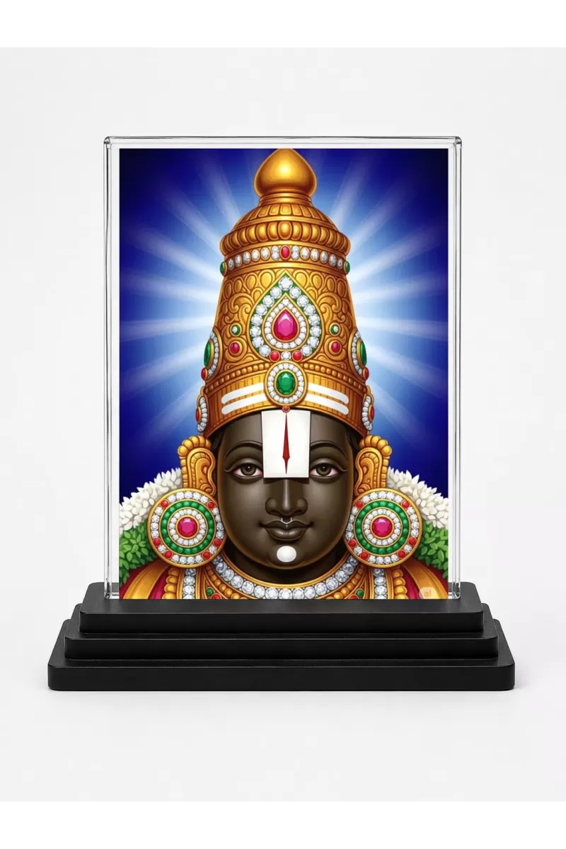 Tirupati Balaji Acrylic Car Dashboard Showpiece | Double-Sided Tirupati Balaji Photo Stand | 3 X 4 Inch Photo | Transparent Acrylic Frame With Black Base | Car Dashboard, Office & Table Decor (F71521)
