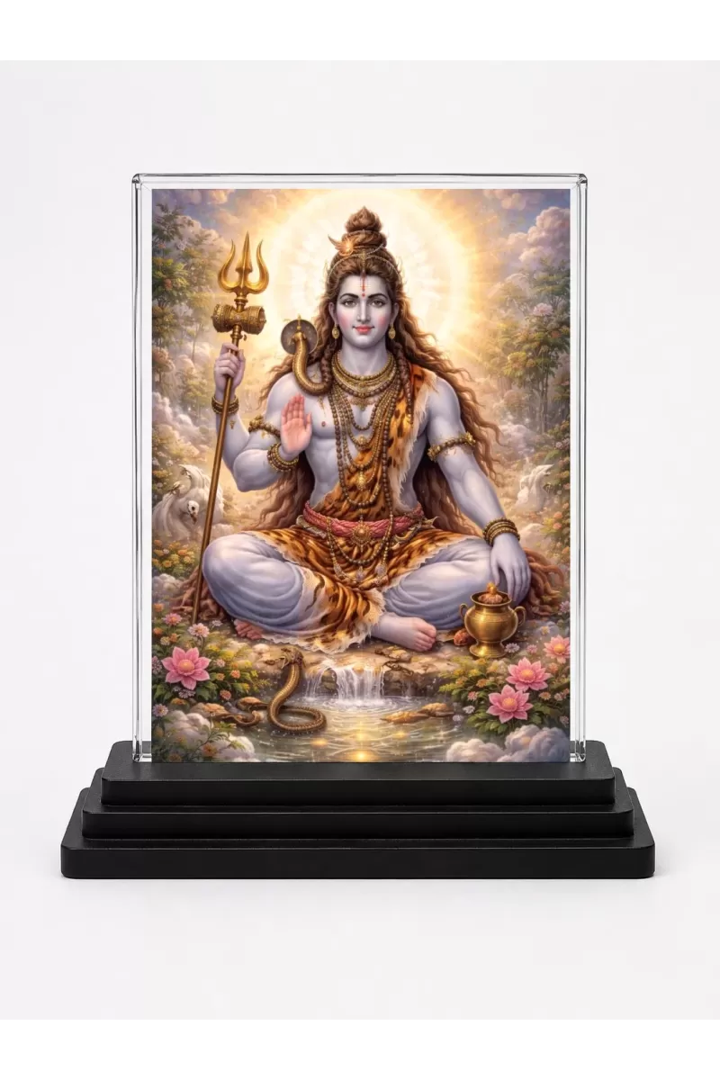 Lord Shiva Acrylic Car Dashboard Showpiece | Double-Sided Lord Shiva Photo Stand | 3 X 4 Inch Photo | Transparent Acrylic Frame With Black Base | Car Dashboard, Office & Table Decor (F71523)
