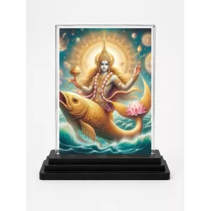 Matsya Avatar Acrylic Car Dashboard Showpiece | Double-Sided Matsya Avatar Photo Stand | 3 X 4 Inch Photo | Transparent Acrylic Frame With Black Base | Car Dashboard, Office & Table Decor (F71524)