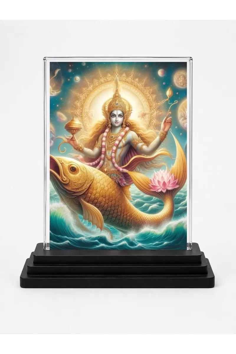 Matsya Avatar Acrylic Car Dashboard Showpiece | Double-Sided Matsya Avatar Photo Stand | 3 X 4 Inch Photo | Transparent Acrylic Frame With Black Base | Car Dashboard, Office & Table Decor (F71524)