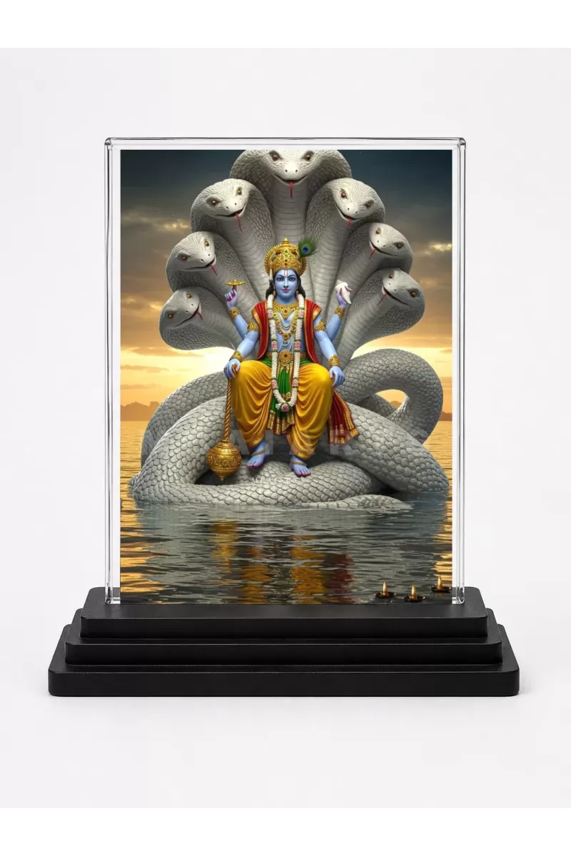 Lord Vishnu Acrylic Car Dashboard Showpiece | Double-Sided Lord Vishnu Photo Stand | 3 X 4 Inch Photo | Transparent Acrylic Frame With Black Base | Car Dashboard, Office & Table Decor (F71525)