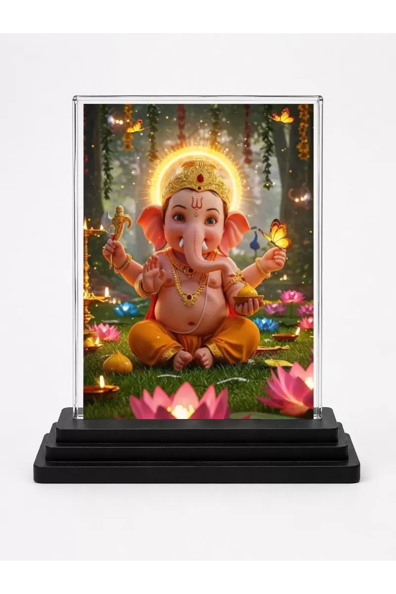 Ganesha Acrylic Car Dashboard Showpiece | Double-Sided Ganesha Photo Stand | 3 X 4 Inch Photo | Transparent Acrylic Frame With Black Base | Car Dashboard, Office & Table Decor (F71526)