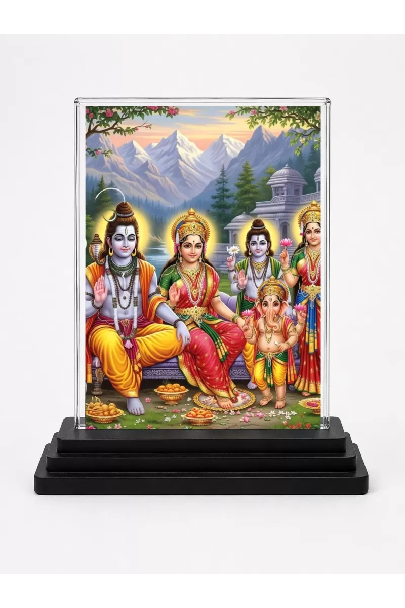 Lord Shiva Family Acrylic Car Dashboard Showpiece | Double-Sided Lord Shiva Family Photo Stand | 3 X 4 Inch Photo | Transparent Acrylic Frame With Black Base | Car Dashboard, Office & Table Decor (F71527)