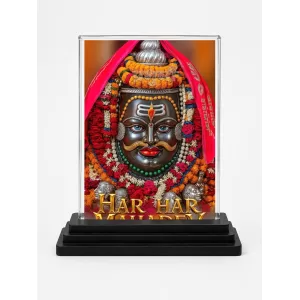Har Har Mahadev Acrylic Car Dashboard Showpiece | Double-Sided Har Har Mahadev Photo Stand | 3 X 4 Inch Photo | Transparent Acrylic Frame With Black Base | Car Dashboard, Office & Table Decor (F71529)