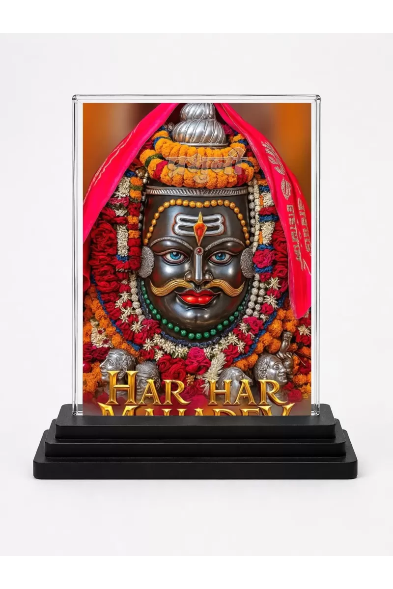 Har Har Mahadev Acrylic Car Dashboard Showpiece | Double-Sided Har Har Mahadev Photo Stand | 3 X 4 Inch Photo | Transparent Acrylic Frame With Black Base | Car Dashboard, Office & Table Decor (F71529)