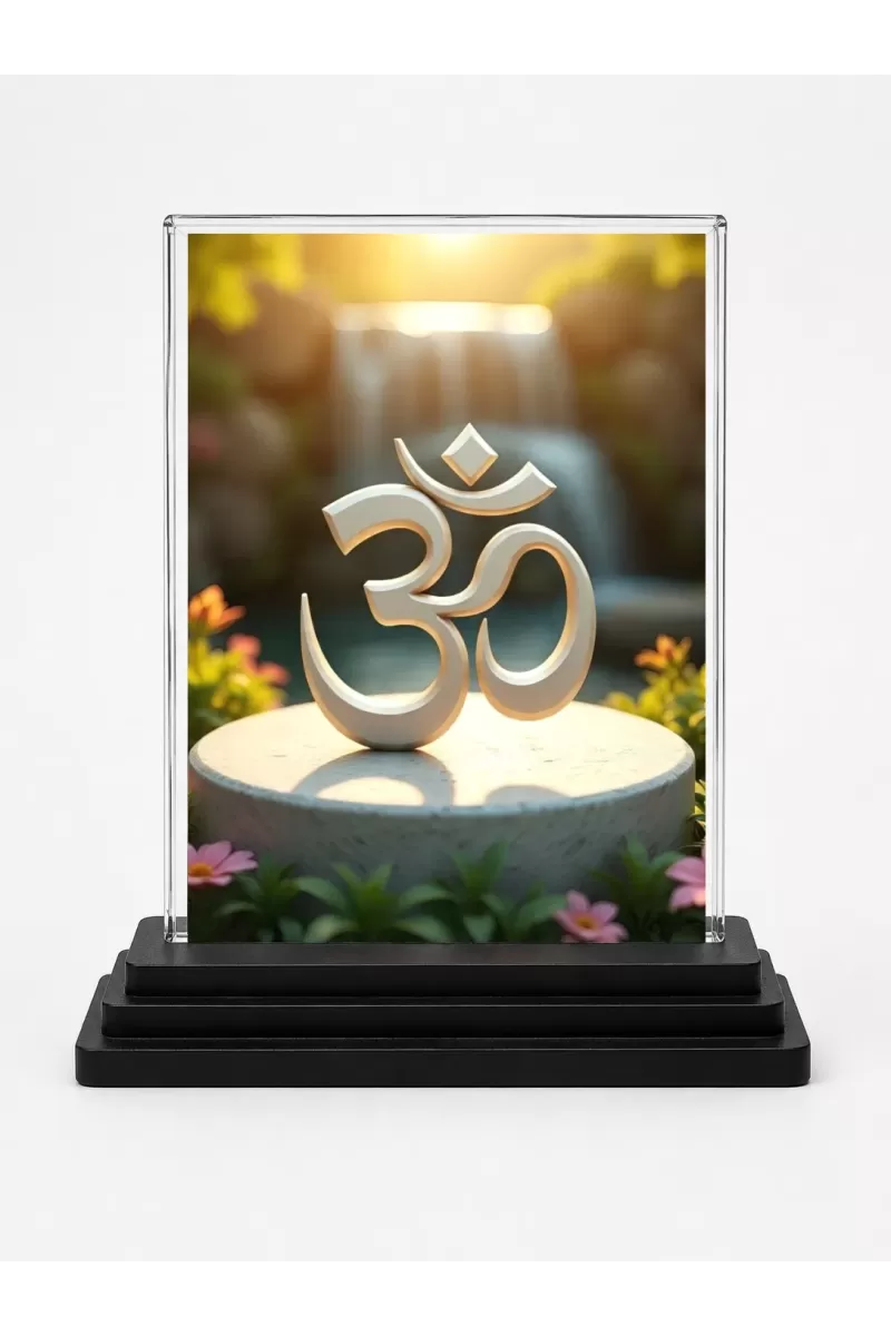 Om Acrylic Car Dashboard Showpiece | Double-Sided Om Photo Stand | 3 X 4 Inch Photo | Transparent Acrylic Frame With Black Base | Car Dashboard, Office & Table Decor (F71530)