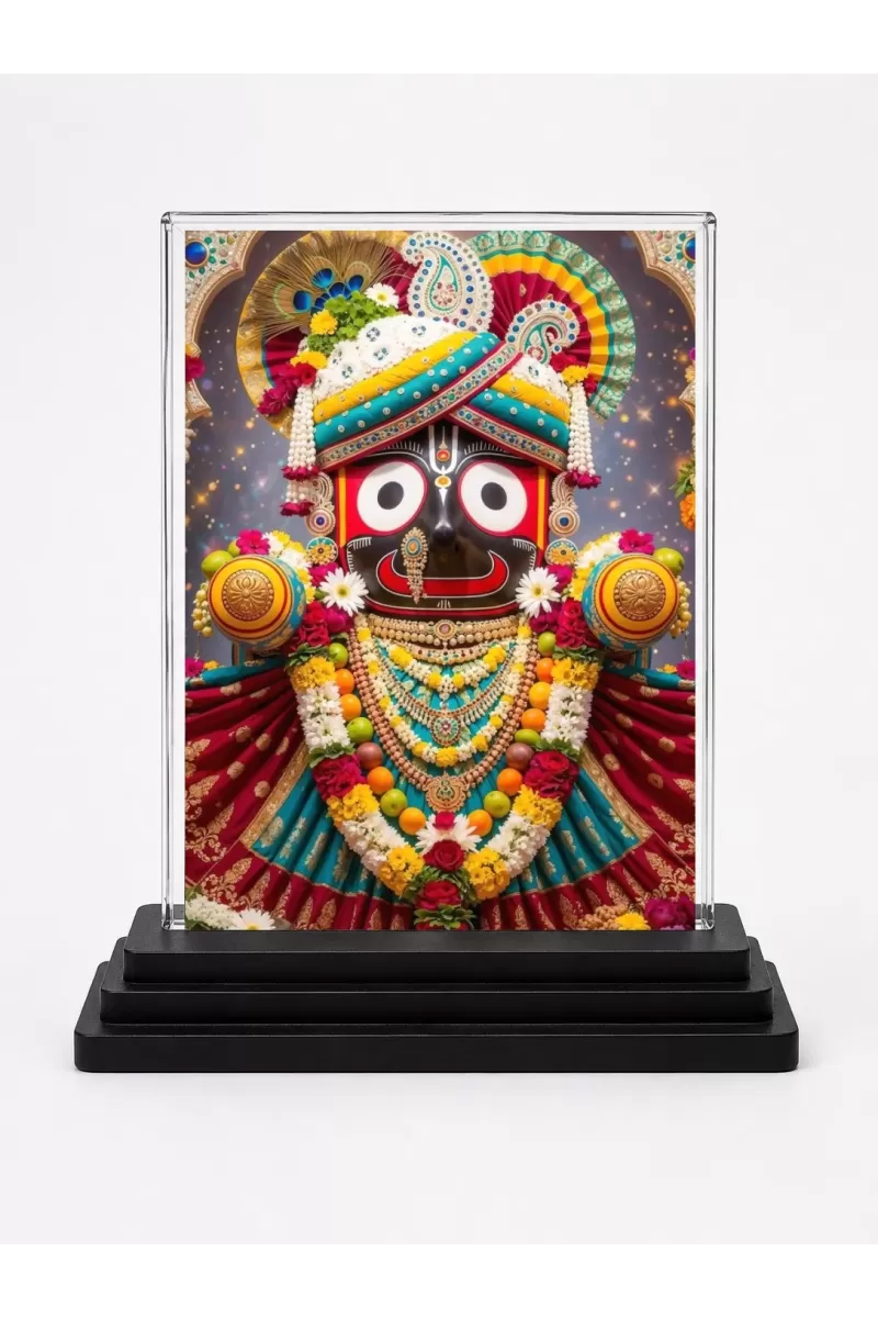 Lord Jagannath Acrylic Car Dashboard Showpiece | Double-Sided Lord Jagannath Photo Stand | 3 X 4 Inch Photo | Transparent Acrylic Frame With Black Base | Car Dashboard, Office & Table Decor (F71531)