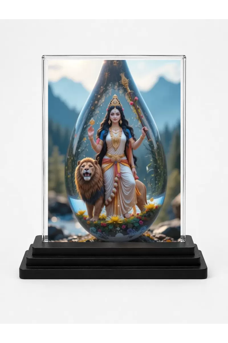 Durga Acrylic Car Dashboard Showpiece | Double-Sided Durga Photo Stand | 3 X 4 Inch Photo | Transparent Acrylic Frame With Black Base | Car Dashboard, Office & Table Decor (F71532)