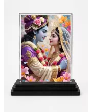 Shree Krishna And Shree Radha Acrylic Car Dashboard Showpiece | Double-Sided Shree Krishna And Shree Radha Photo Stand | 3 X 4 Inch Photo | Transparent Acrylic Frame With Black Base | Car Dashboard, Office & Table Decor (F71533)