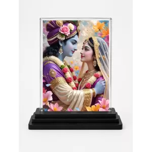 Shree Krishna And Shree Radha Acrylic Car Dashboard Showpiece | Double-Sided Shree Krishna And Shree Radha Photo Stand | 3 X 4 Inch Photo | Transparent Acrylic Frame With Black Base | Car Dashboard, Office & Table Decor (F71533)