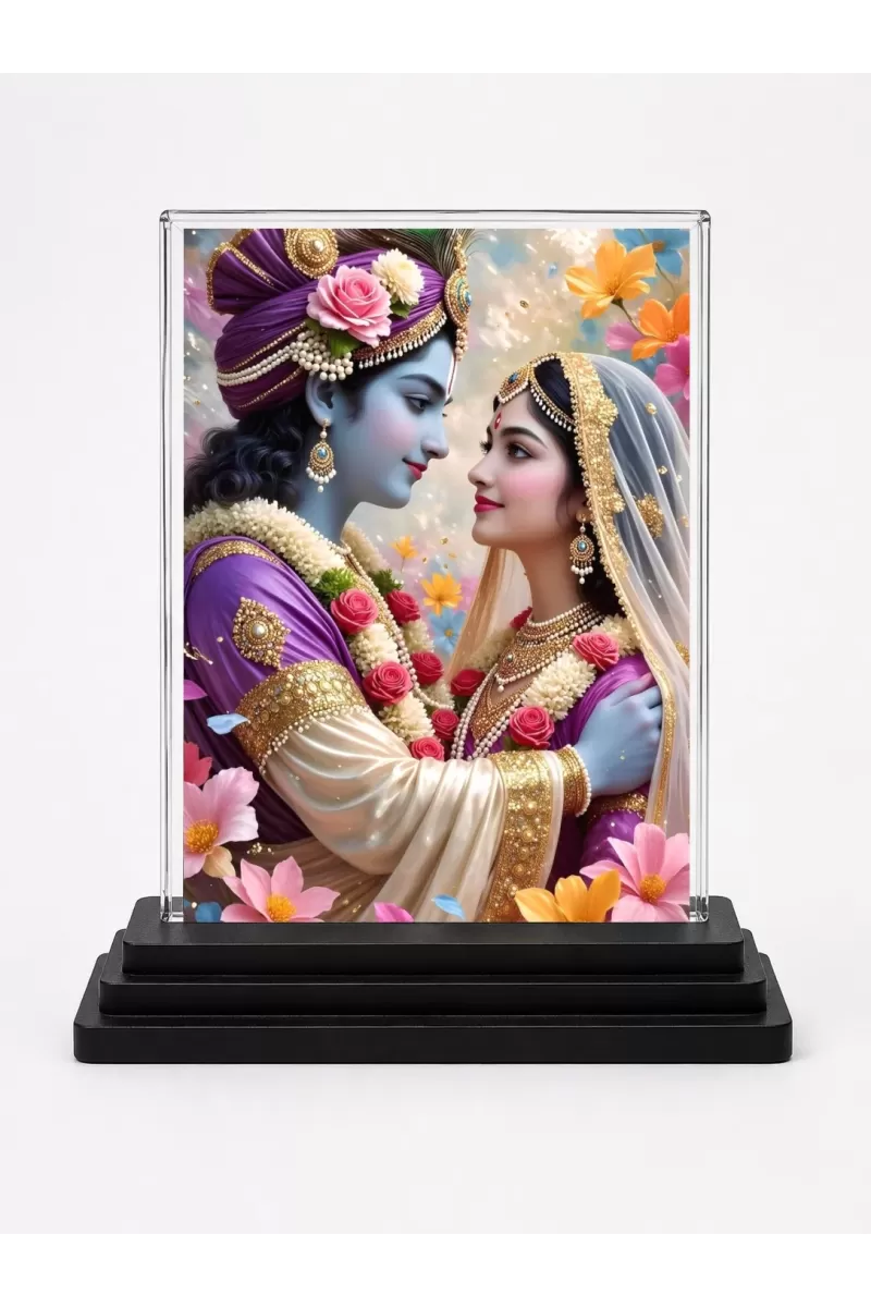 Shree Krishna And Shree Radha Acrylic Car Dashboard Showpiece | Double-Sided Shree Krishna And Shree Radha Photo Stand | 3 X 4 Inch Photo | Transparent Acrylic Frame With Black Base | Car Dashboard, Office & Table Decor (F71533)
