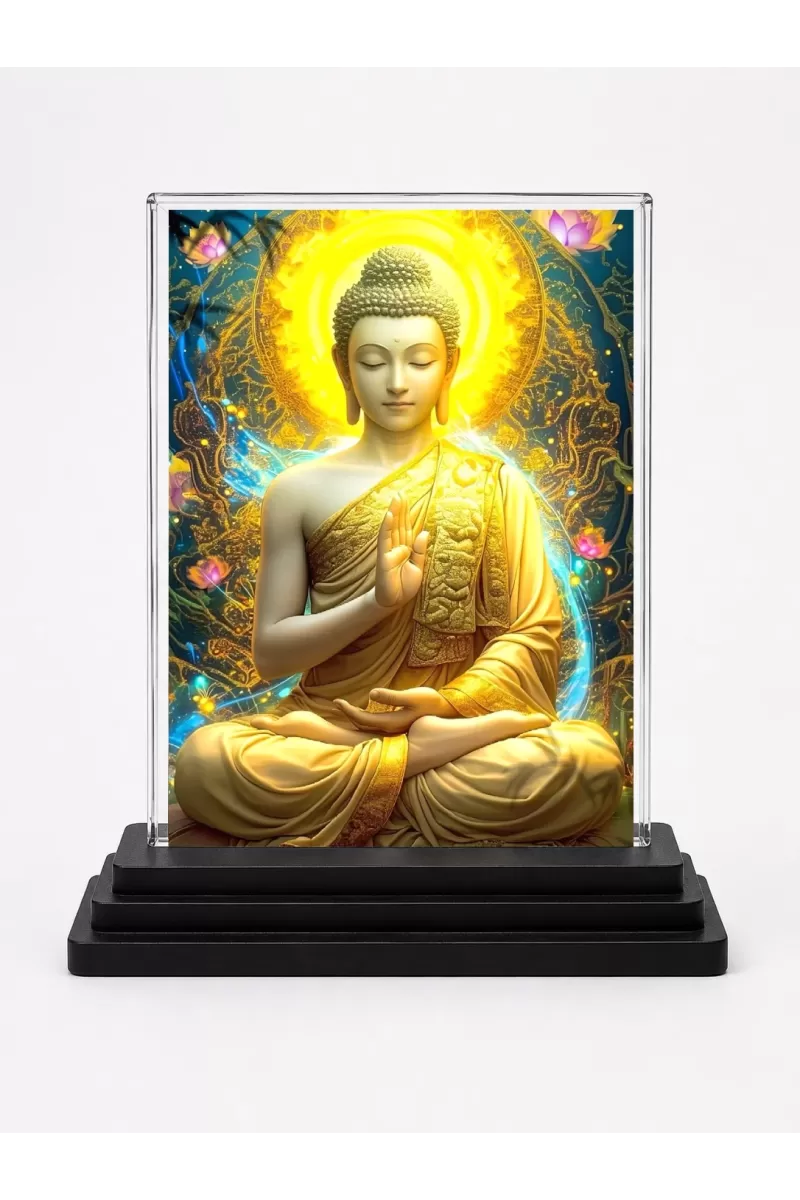 Gautama Buddha Acrylic Car Dashboard Showpiece | Double-Sided Gautama Buddha Photo Stand | 3 X 4 Inch Photo | Transparent Acrylic Frame With Black Base | Car Dashboard, Office & Table Decor (F71535)