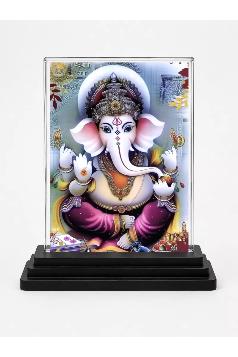 Ganesha Acrylic Car Dashboard Showpiece | Double-Sided Ganesha Photo Stand | 3 X 4 Inch Photo | Transparent Acrylic Frame With Black Base | Car Dashboard, Office & Table Decor (F71536)