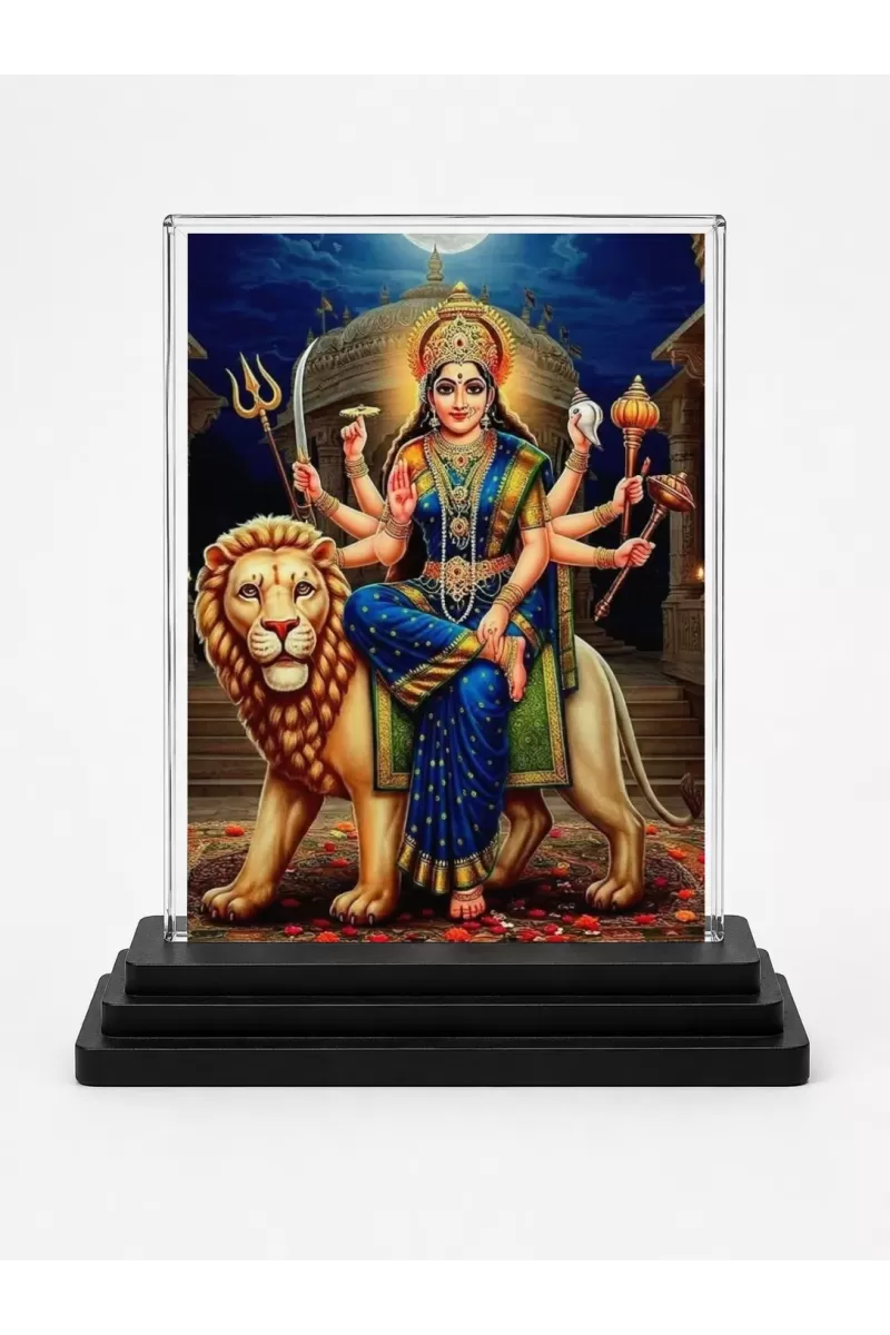 Durga Acrylic Car Dashboard Showpiece | Double-Sided Durga Photo Stand | 3 X 4 Inch Photo | Transparent Acrylic Frame With Black Base | Car Dashboard, Office & Table Decor (F71537)