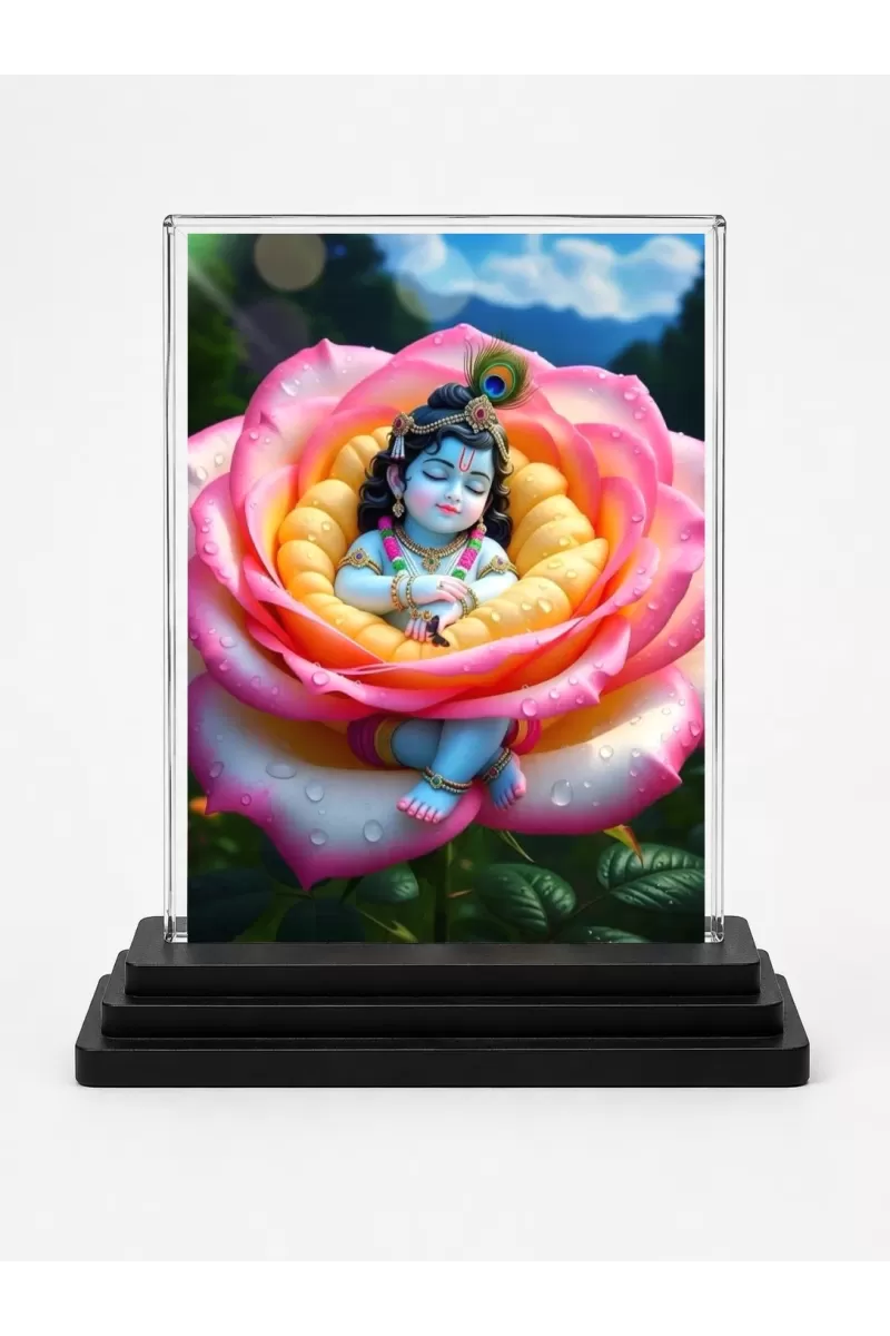 Shree Krishna Acrylic Car Dashboard Showpiece | Double-Sided Shree Krishna Photo Stand | 3 X 4 Inch Photo | Transparent Acrylic Frame With Black Base | Car Dashboard, Office & Table Decor (F71538)