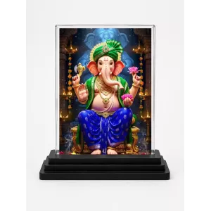 Lord Ganesha Acrylic Car Dashboard Showpiece | Double-Sided Lord Ganesha Photo Stand | 3 X 4 Inch Photo | Transparent Acrylic Frame With Black Base | Car Dashboard, Office & Table Decor (F71541)