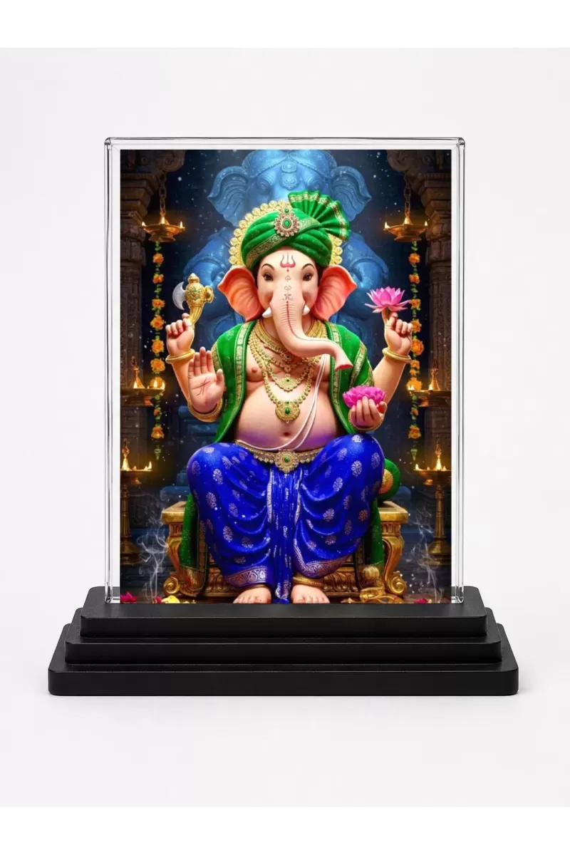 Lord Ganesha Acrylic Car Dashboard Showpiece | Double-Sided Lord Ganesha Photo Stand | 3 X 4 Inch Photo | Transparent Acrylic Frame With Black Base | Car Dashboard, Office & Table Decor (F71541)