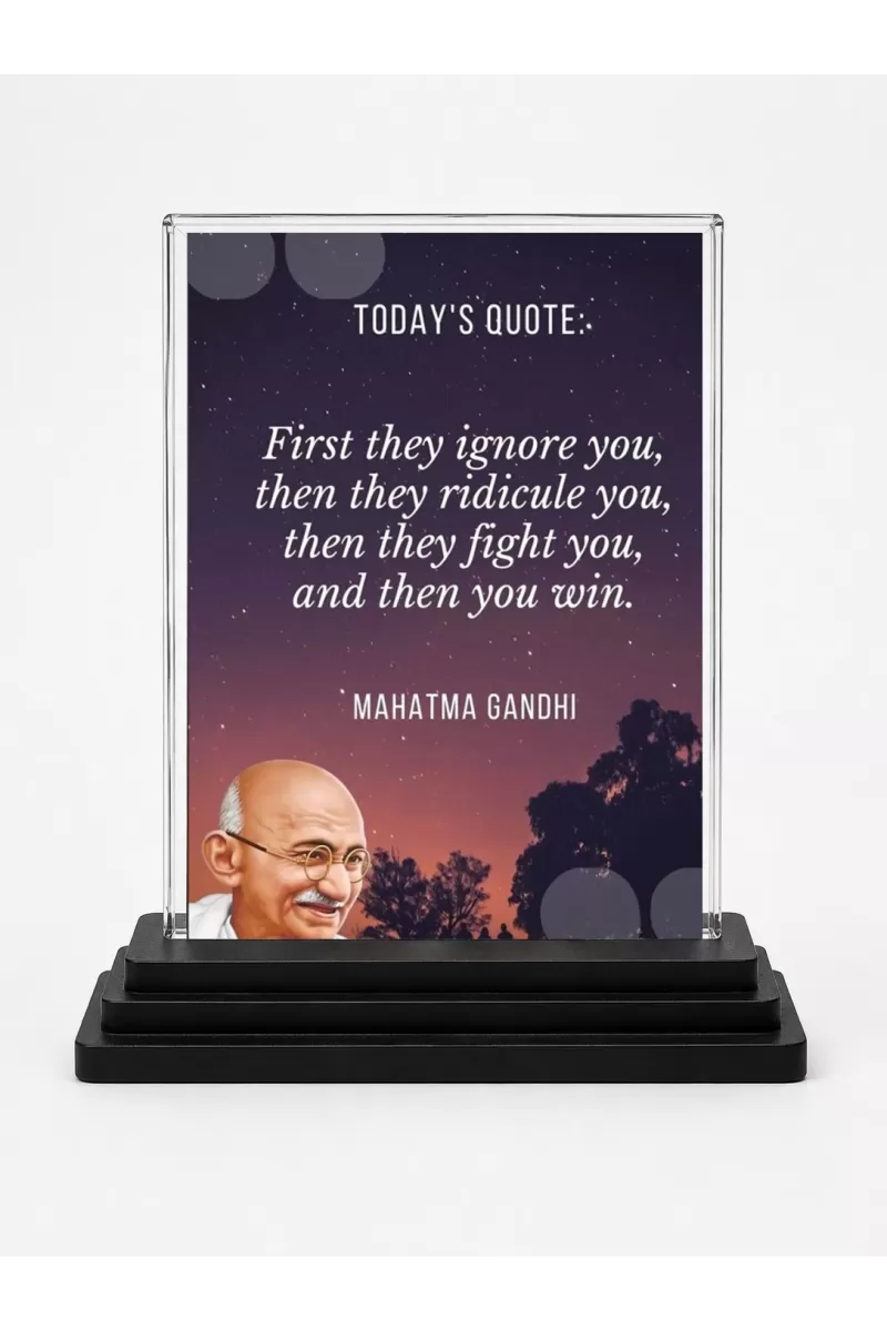 Mahatma Gandhi Acrylic Car Dashboard Showpiece | Double-Sided Mahatma Gandhi Photo Stand | 3 X 4 Inch Photo | Transparent Acrylic Frame With Black Base | Car Dashboard, Office & Table Decor (F71558)