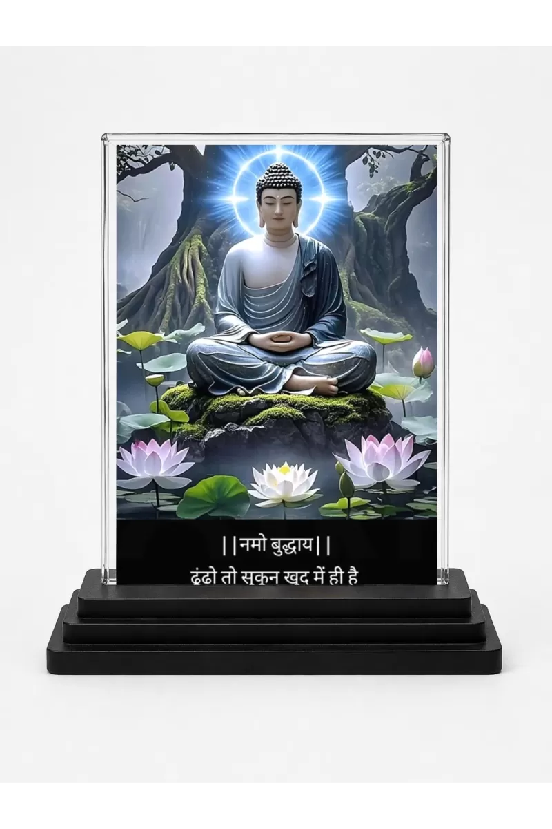 Gautama Buddha Acrylic Car Dashboard Showpiece | Double-Sided Gautama Buddha Photo Stand | 3 X 4 Inch Photo | Transparent Acrylic Frame With Black Base | Car Dashboard, Office & Table Decor (F71561)