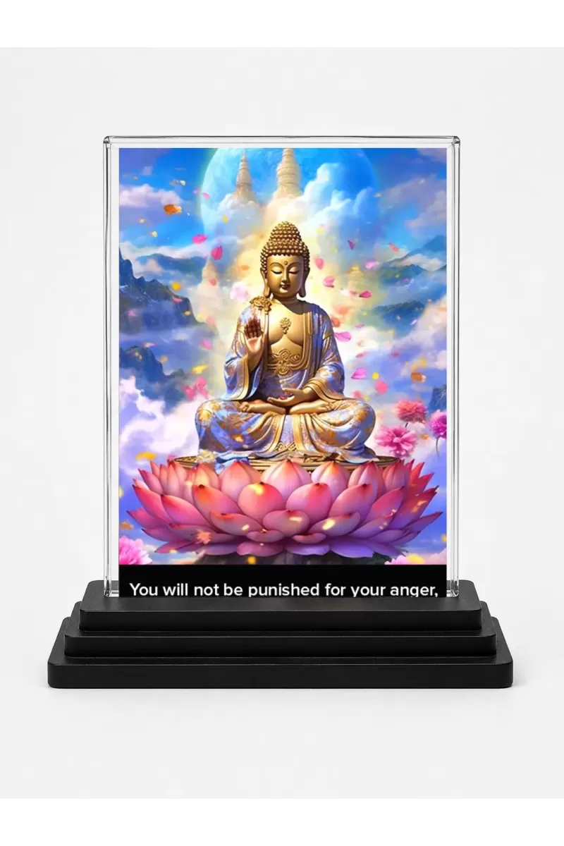 Gautama Buddha Acrylic Car Dashboard Showpiece | Double-Sided Gautama Buddha Photo Stand | 3 X 4 Inch Photo | Transparent Acrylic Frame With Black Base | Car Dashboard, Office & Table Decor (F71579)