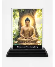 Gautama Buddha Acrylic Car Dashboard Showpiece | Double-Sided Gautama Buddha Photo Stand | 3 X 4 Inch Photo | Transparent Acrylic Frame With Black Base | Car Dashboard, Office & Table Decor (F71580)