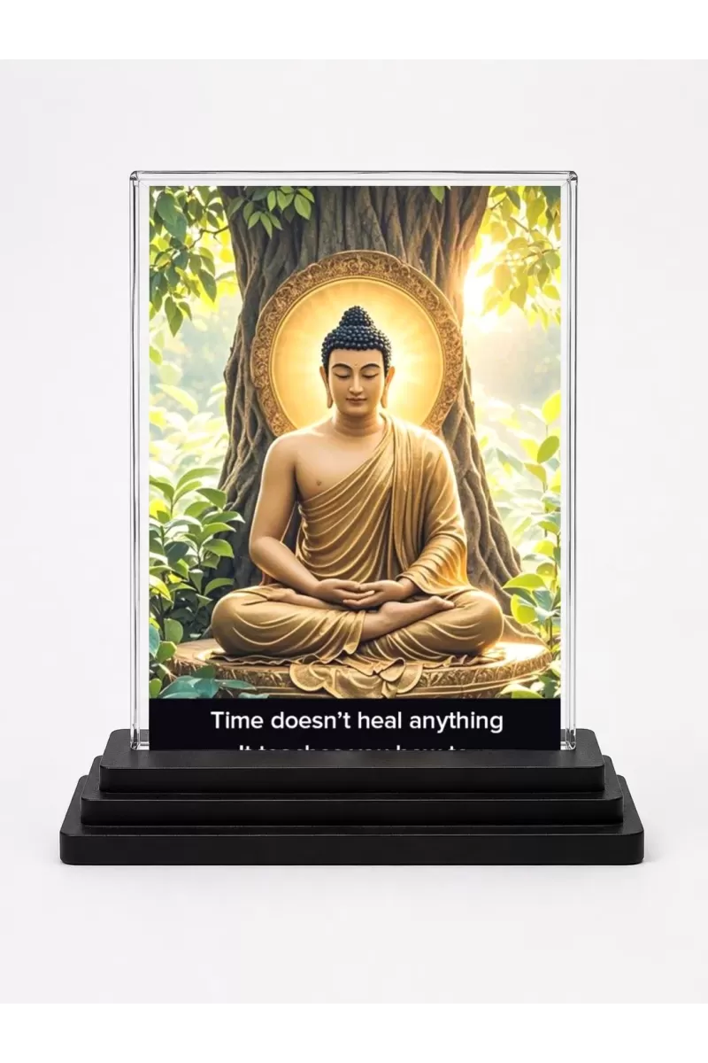 Gautama Buddha Acrylic Car Dashboard Showpiece | Double-Sided Gautama Buddha Photo Stand | 3 X 4 Inch Photo | Transparent Acrylic Frame With Black Base | Car Dashboard, Office & Table Decor (F71580)