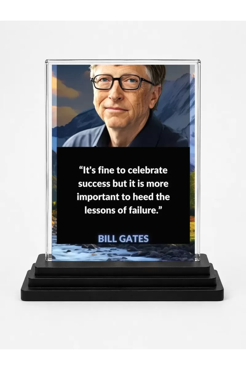 Bill Gates Acrylic Car Dashboard Showpiece | Double-Sided Bill Gates Photo Stand | 3 X 4 Inch Photo | Transparent Acrylic Frame With Black Base | Car Dashboard, Office & Table Decor (F71588)