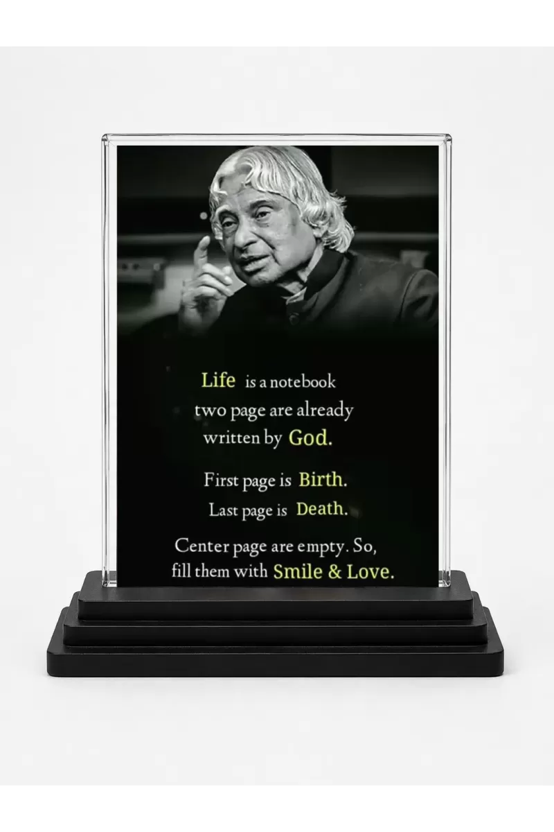Doctor Abdul Kalam Quote Acrylic Car Dashboard Showpiece | Double-Sided Doctor Abdul Kalam Quote Photo Stand | 3 X 4 Inch Photo | Transparent Acrylic Frame With Black Base | Car Dashboard, Office & Table Decor (F71593)